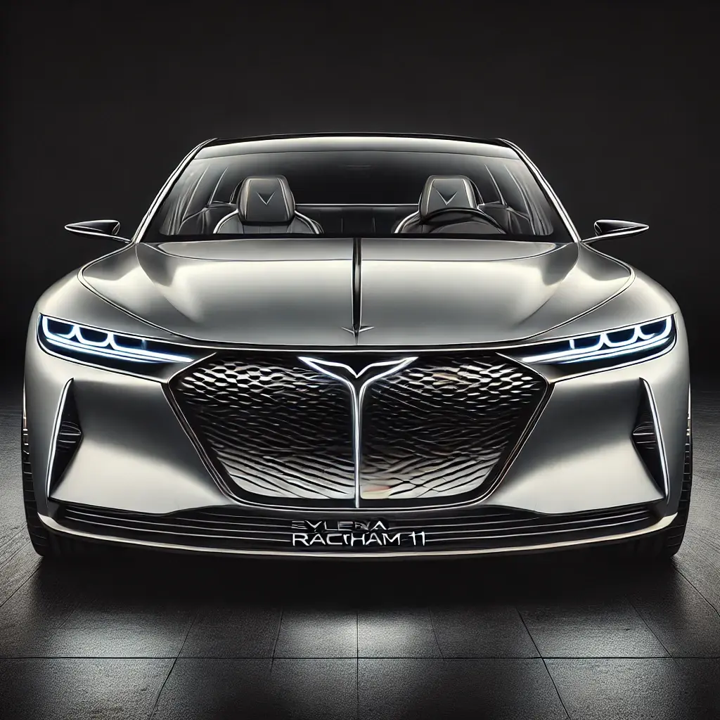 DALL·E 2024-10-09 11.13.44 - Front view of a luxurious mid-sized car named Sylvena Rackham 11, featuring an aerodynamic design with fluid lines. The car is painted in metallic sil.webp
