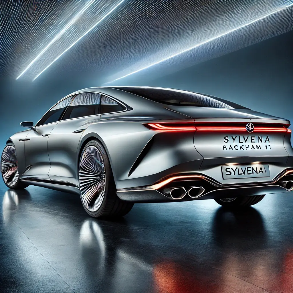 DALL·E 2024-10-09 11.13.41 - Rear view of a luxurious mid-sized car named Sylvena Rackham 11, showcasing an aerodynamic, streamlined design with fluid lines. The car is painted in.webp