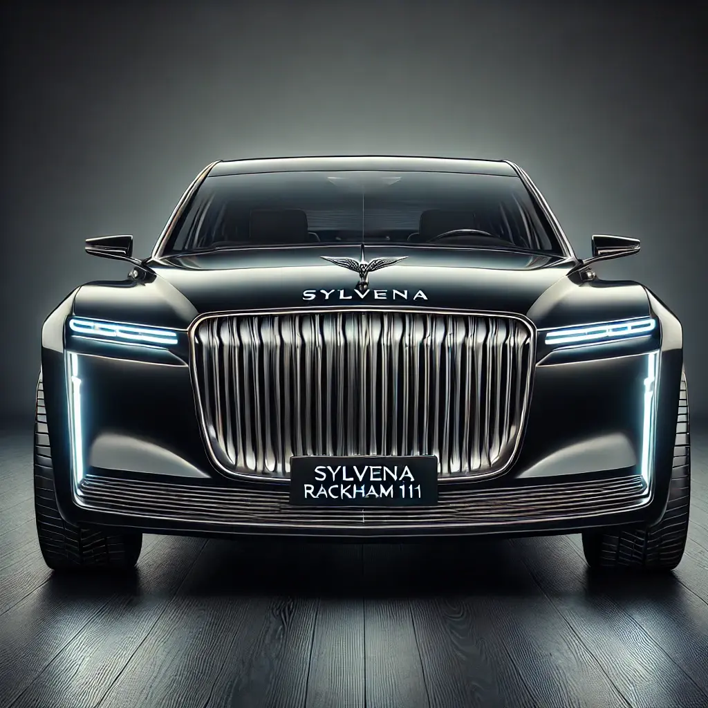 DALL·E 2024-10-16 12.43.27 - Front view of a large luxury limousine named Sylvena Rackham 111. The car features an elongated and elegant silhouette with smooth, flowing lines. It .webp