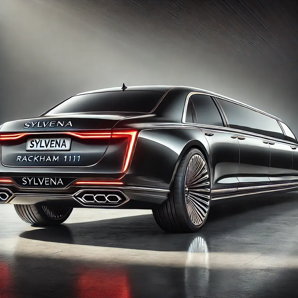 DALL·E 2024-10-16 12.43.23 - Rear view of a large luxury limousine named Sylvena Rackham 111. The car has an elongated and elegant silhouette with smooth, flowing lines. It is pai.webp